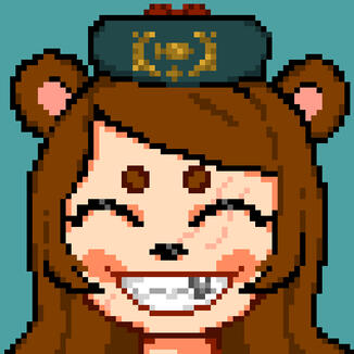 the image depicts a young brown haired white female smiling. She has bear ears, a russian fuzzy hat, and is showing off her silver tooth. The image is done in a pixel art style